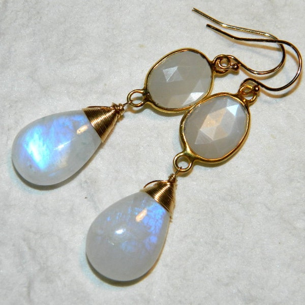 The Moon Goddess earrings- bezel set 14k gold wire wrapped and coiled Rainbow Moonstone chandelier dangle drop earrings