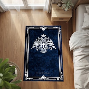 Byzantine Eagle with Double-Headed Orthodox Prayer Mat,  Navy Velvet Look, White Border