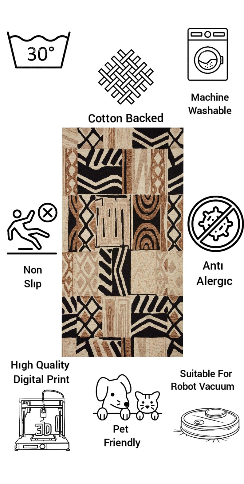 May include: A rectangular rug with a geometric pattern in black, tan, and cream. Features include a cotton backing, non-slip design, and anti-allergenic properties. It is machine washable and pet-friendly. Suitable for robot vacuums.