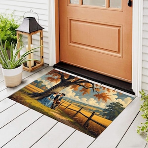 Vintage Farm Couple Rug ,Americana Folk Art Doormat, 18th Century Colonial Style Entryway Mat, Romantic Country Decor Digital Print Doormat