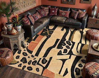 African Ethnic Area Rug, Abstract Tribal Floor Mat, Earth Tone Primitive Design, Global Ethnic Living Room Decor