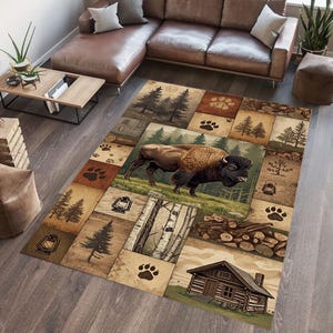 May include: A rectangular area rug with a rustic theme. The rug features a central image of a bison in a forest setting, surrounded by square panels with images of trees, paw prints, and a cabin. The color palette includes browns, greens, and tans.
