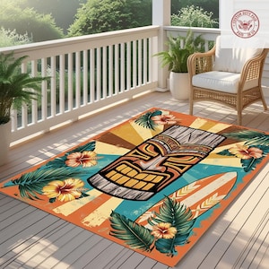 Tiki Outdoor Rug Hawaiian Tropical Patio Carpet, Surfboard Non Slip Waterproof Floor Rug, Vintage Beach House Deck Balcony Decor Gift