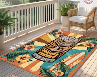 Tiki Mask Outdoor Rug, Tropical Luau Party Patio Decor,  Waterproof Summer Tiki Flooring Mat