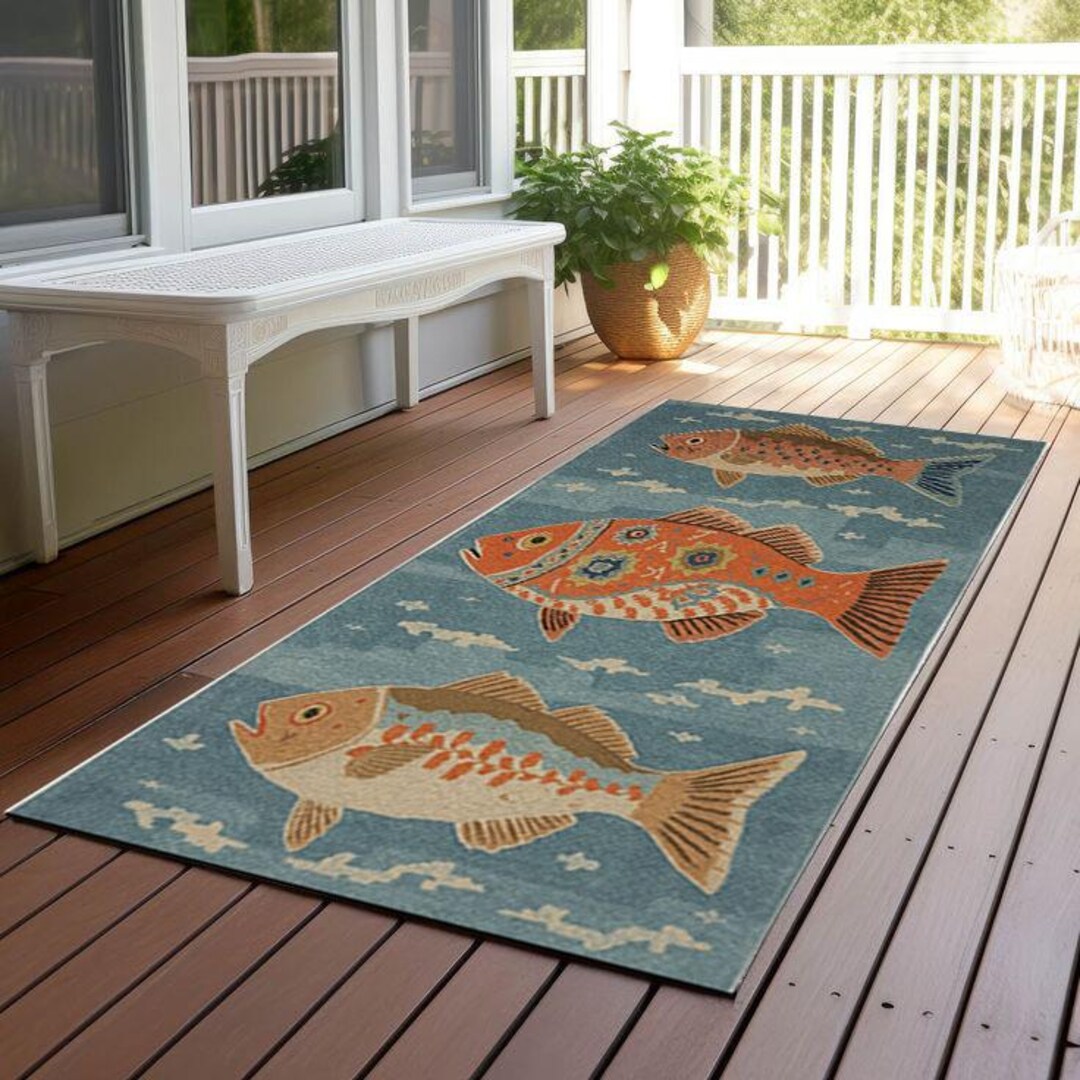 Waterproof Vintage Fish Outdoor Rug, Boho Fish Area Rug, Nautical Patio ...