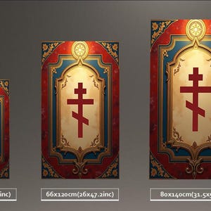 May include: Three decorative panels featuring a red Orthodox cross on a cream background. The panels are framed with ornate red, blue, and gold borders. Sizes are 20x36 inches, 26x47.2 inches, and 31.5x51.2 inches.
