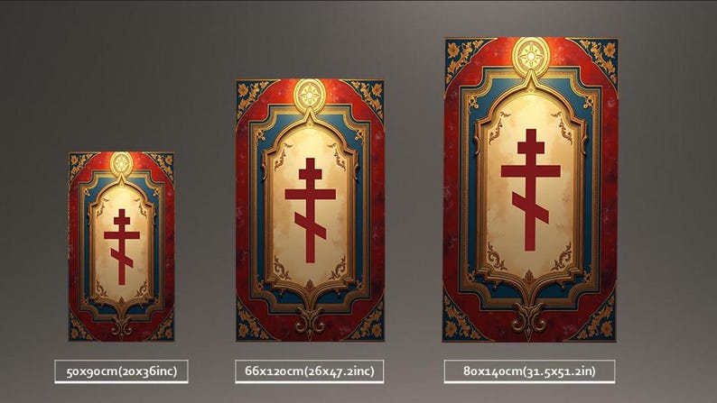 May include: Three decorative panels featuring a red Orthodox cross on a cream background. The panels are framed with ornate red, blue, and gold borders. Sizes are 20x36 inches, 26x47.2 inches, and 31.5x51.2 inches.