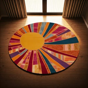 Vibrant Round Rug: Abstract Geometric Polyester Chenille Rug