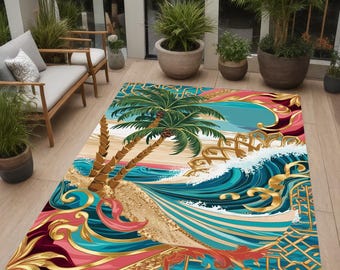 Tropical Palm Tree Outdoor Rug: Hawaii Theme, Waterproof Patio Decor