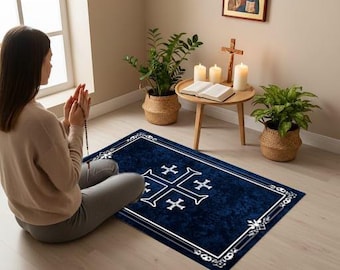 Jerusalem Cross Patina Blue Kneeling Prayer Mat, Personalized Praying Rug For Prayer Corner