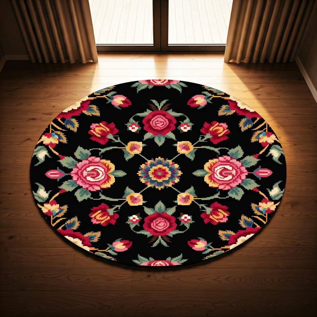 Round Rug With Floral Pattern , Traditional Karabagh Round Rug, Anti ...