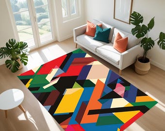 Abstract Geometric Area Rug: Vibrant Colorful Print, Machine Washable
