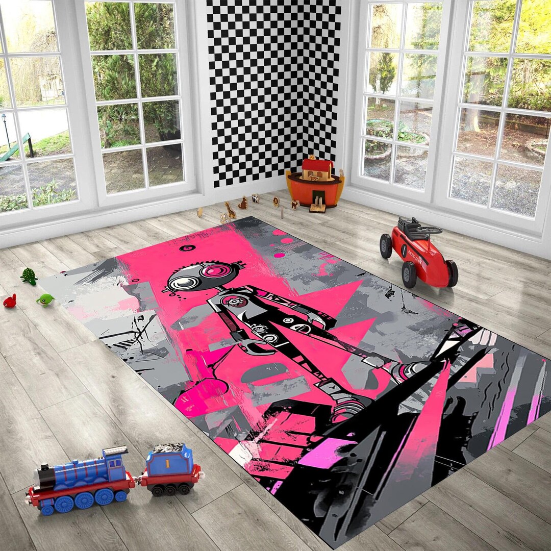 Graffiti Robot Patterned Rug, Robotic Carpet for Kidsroom , Graffiti ...