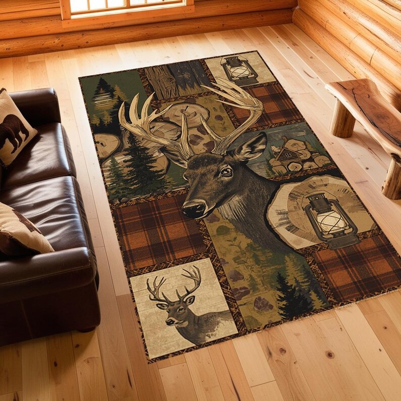 Rustic Lodge Area Rug With Deer,mountain Cabin Decor , Woodland ...