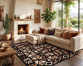 African Tribal Geometric  Pattern Floor Decor Mat,  Washable Ethnic Nonslip Area Rug