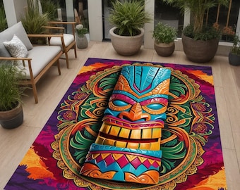 Colorful Waterproof Tiki Mask Outdoor Rug, Washable Patio Decor doormat