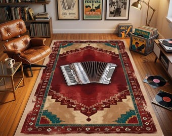 Accordion Area Rug, Music Lover Gift, Vintage Aesthetic Music Room Decor, Unique Instrument Rug for Studio, Artistic Floor Mat