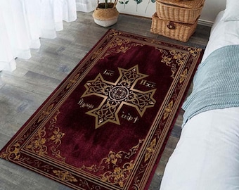 Coptic Orthodox Cross Prayer Mat, Red & Gold Velvet Christian Rug, Non-Slip Religious Decor
