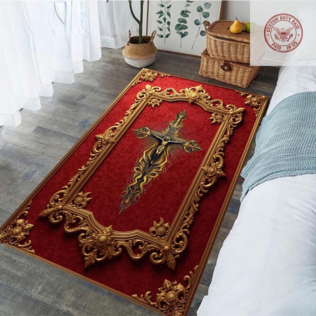 Orthodox Rug Custom Christian Prayer Rug: Dijital Print Red & Gold Jesus Prayer ...