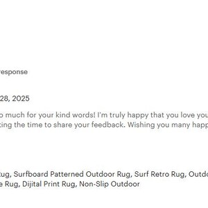 May include: A customer review for a surfboard-patterned outdoor rug. The review reads "This is a very cool rug!" and includes a photo of the rug. The rug is blue, green, and white with a surfboard design. The rug is on a patio with a wooden table and chairs.