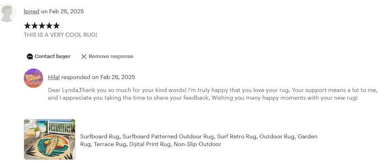 May include: A customer review for a surfboard-patterned outdoor rug. The review reads "This is a very cool rug!" and includes a photo of the rug. The rug is blue, green, and white with a surfboard design. The rug is on a patio with a wooden table and chairs.