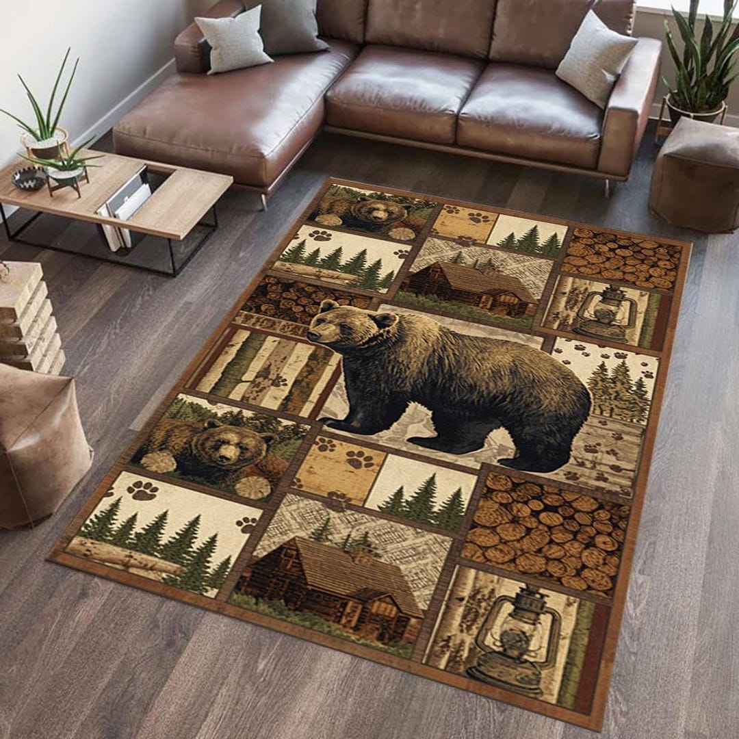Rustic Cabin Lodge Rug With Grizzly Bear, Mountain Cabin Decor Carpet ...