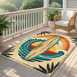 Surfboard Outdoor Rug, Coastal Beach Decor, Waterproof Patio Mat,Tropical Summer Balcony Rug image 1