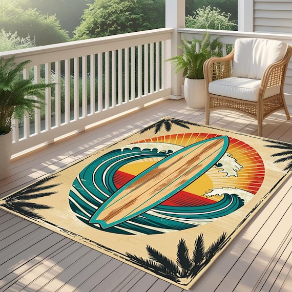 Surfboard Outdoor Rug,  Coastal Beach Decor, Waterproof Patio Mat,Tropical Summer Balcony Rug