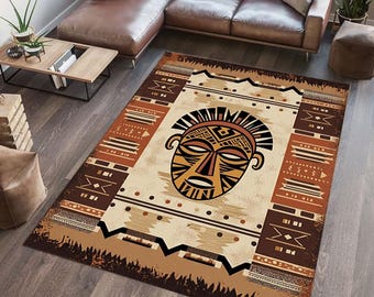 African Mask Area Rug: Ethnic Decor, Digital Print Floor Mat