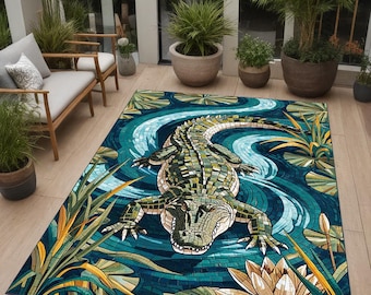 Crocodile Dijital Print Terrace Rug, Waterproof Alligator Hawaii Themed Outdoor