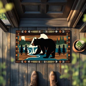 Black Bear Doormat , Yosemite National Park Inspired Rug, Cabin Welcome Mat, Bear Floor Decor, Rustic Outdoor Mat, Lodge Entryway Rug