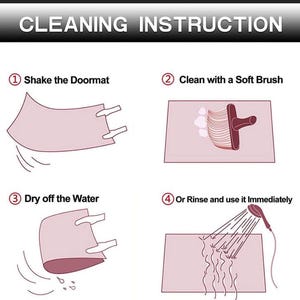 May include: Image showing cleaning instructions for a doormat. The steps include shaking, brushing, drying, and rinsing. Text at the top reads "CLEANING INSTRUCTION". Each step is illustrated with a drawing and numbered.