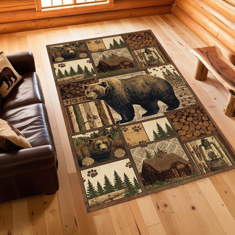 Rustic Cabin Lodge Rug With Grizzly Bear, Mountain Cabin Decor Carpet ...