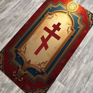 May include: Rectangular rug with a religious design. The rug features a red cross on a cream-colored background, framed by ornate gold, blue, and red borders. The design includes floral and geometric patterns, with a compass rose at the top.