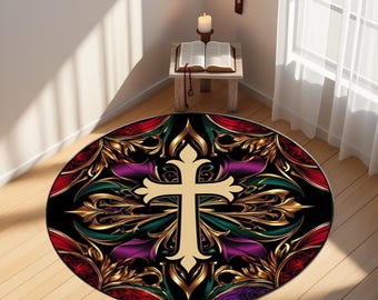 Alfombra de oración cristiana personalizada, tapete redondo con cruz