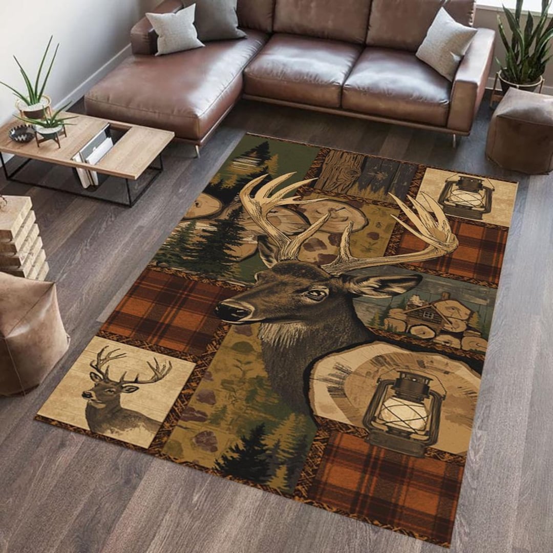 Rustic Lodge Area Rug With Deer,mountain Cabin Decor , Woodland ...