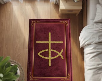 Lux Velvet Home Shrine Mat: Sacred Gold Cross & Ichthys Design for Prayer Corner