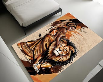 African Queen & Lion Area Rug, Tribal Art Safari Decor ,Unique Cultural Home Mat