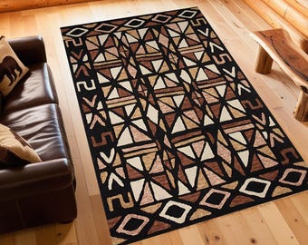 African Tribal Geometric  Pattern Floor Decor Mat,  Washable Ethnic Nonslip Area Rug