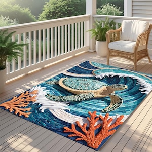 Turtle Outdoor Rug: Boho Beach Patio Mat, Washable Summer Carpet