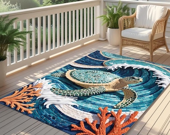 Turtle Outdoor Rug: Boho Beach Patio Mat, Washable Summer Carpet