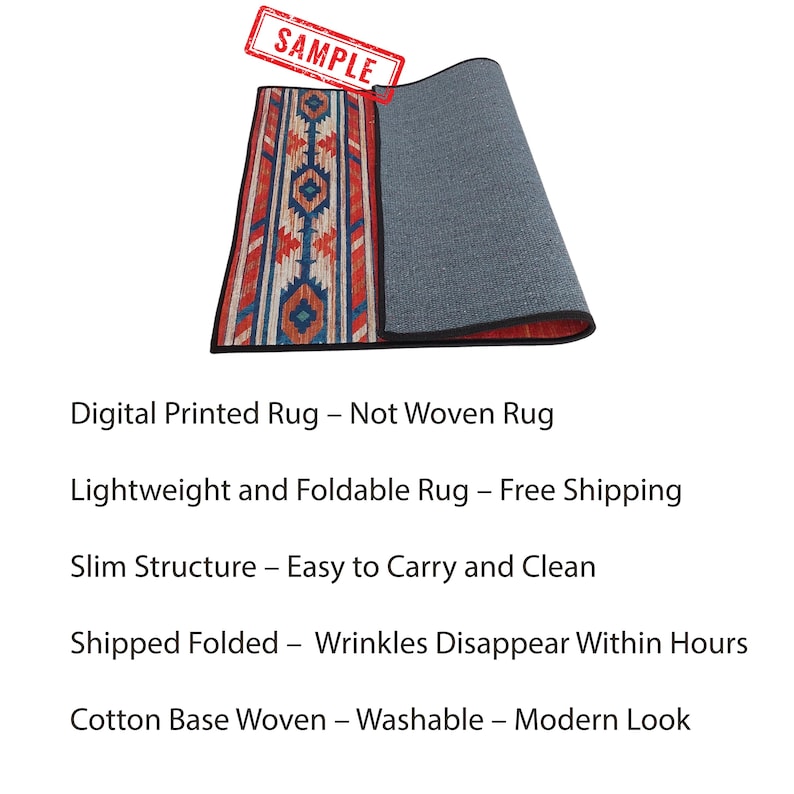 May include: A digitally printed rug with a geometric pattern in red, blue, and orange. The rug is lightweight and foldable, with a slim structure. The rug has a cotton base and is washable.