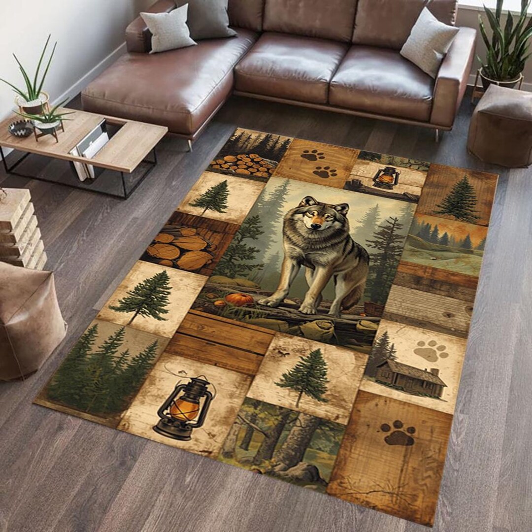Rustic Wildlife Area Rug With Wolf, Farmhouse Style Home , Mountain ...