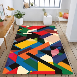 Cozy Home Decor , Vibrant washable Rug , Colorful Thin Rug, Abstract Geometric Pattern Rug, Modern Floor Decor, Decorative Printed Rug