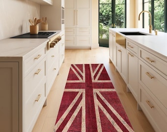 Union Jack Dijital Print Runner Rug, British Flag Themed Long Mat, Washable Runner