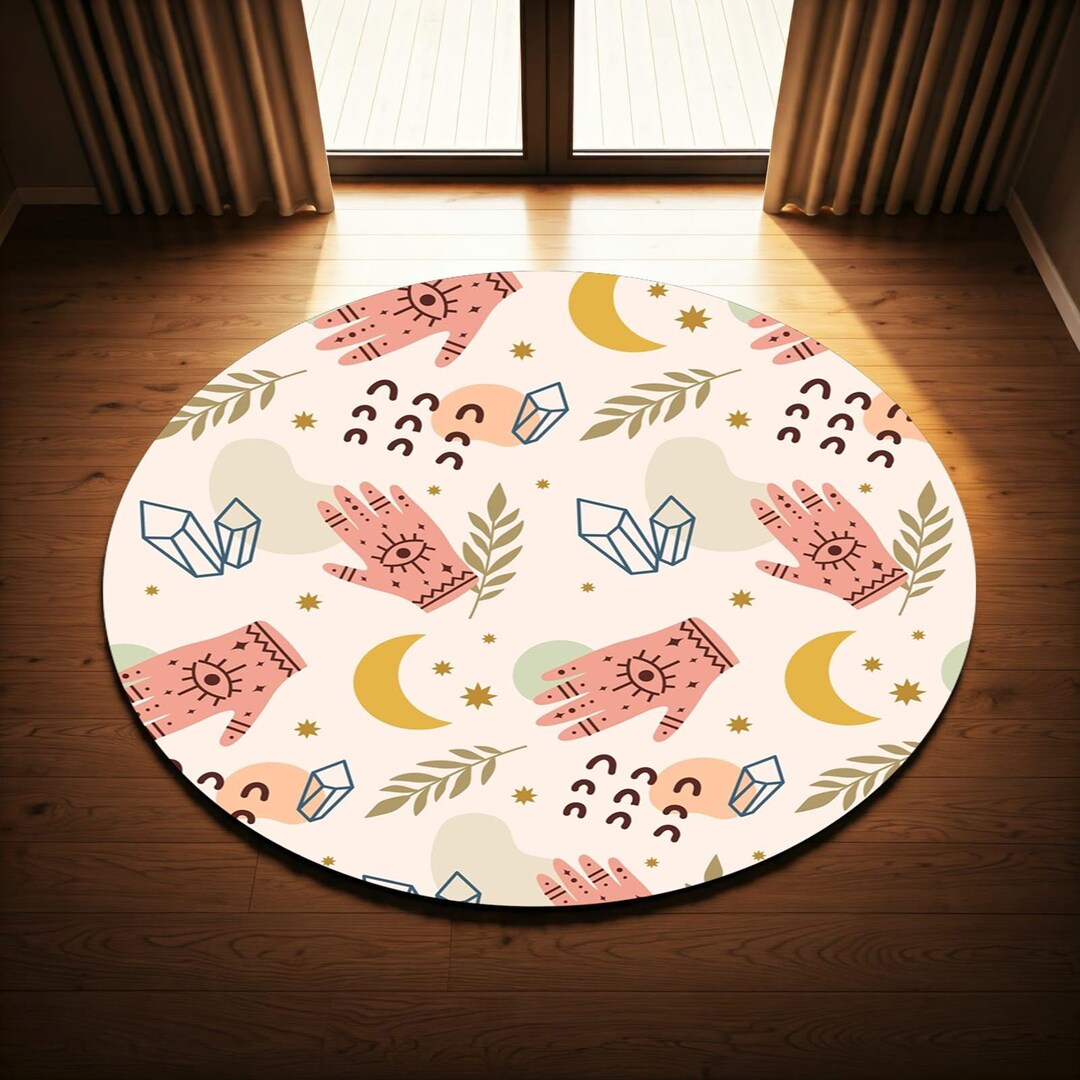 Yoga Round Rug Yoga Round Rug, Hand Symbol and Moon Patterned Round Rug, Meditation ...