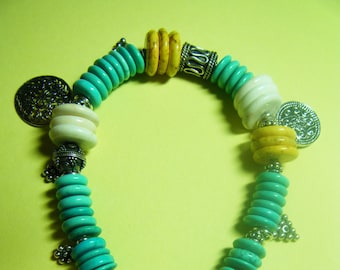 Colorful Color-block White Yellow Sleeping Beauty Turquoise Heishi Sterling Silver Charm Bracelet