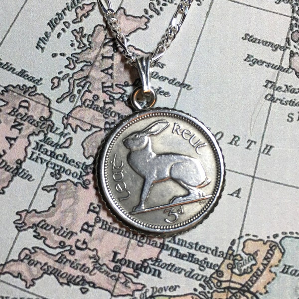 Ireland 3 Pence Hare Rabbit Vintage Coin Pendant with Chain or Without
