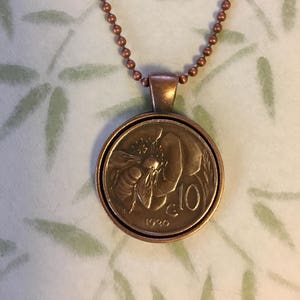 Vintage Pre-War Italian Copper Honey Bee Coin Pendant Necklace with Copper or Silver Bezel and Copper or Stainless Steel Ball Chain image 1