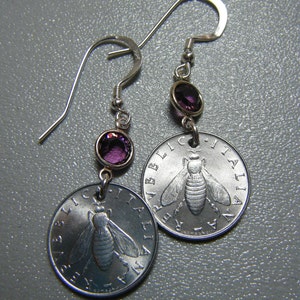 Italian Lire Bee Coin Amethyst Swarovski Crystal Dangle Earrings